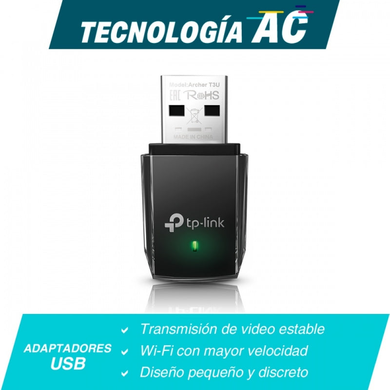 TP-Link Adaptador de Red USB ARCHER T3U, Alámbrico, WLAN, 1267Mbit/s, Doble Banda 2.4/5 GHz