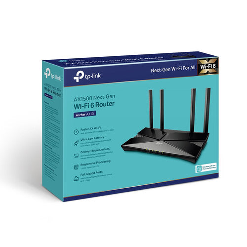 Router TP-Link Gigabit Ethernet de Banda Dual AX1500 Archer AX10 para Gaming Wi-Fi 6, Inalámbrico, 1500 Mbit/s, 5x RJ-45, 2.4/5GHz, con 4 Antenas Externa