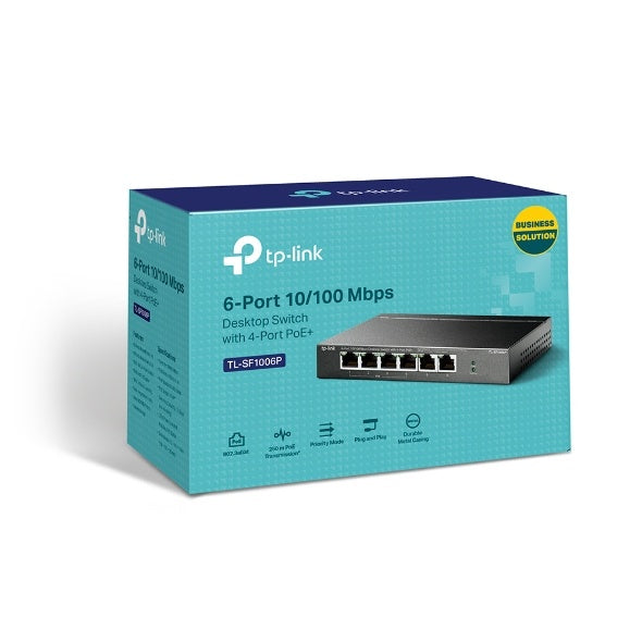 Switch TP-Link Fast Ethernet TL-SF1006P, 6 Puertos 10/100Mbps (4x PoE+), 1.2 Gbit/s, 2.000 Entradas - No Administrable