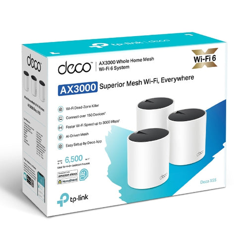 Router TP-Link de Banda Dual Deco X55 AX3000 con Wi-Fi Mesh, 2402 Mbit/s, 3x RJ-45, 2.4/5GHz, 4 Antenas Internas - 3 Piezas