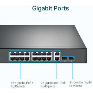 Switch TP-Link Gigabit Ethernet TL-SG2218, 16 Puertos PoE+ 10/100/1000Mbps + 2 Puertos SFP, 36 Gbit/s, 8000 Entradas - No Administrable