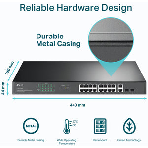 Switch TP-Link Gigabit Ethernet TL-SG2218, 16 Puertos PoE+ 10/100/1000Mbps + 2 Puertos SFP, 36 Gbit/s, 8000 Entradas - No Administrable