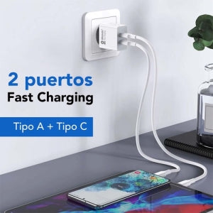 BRobotix Cargador de Pared, 18W, 5V, 1x USB-A 3.0, 1x USB-C, Blanco