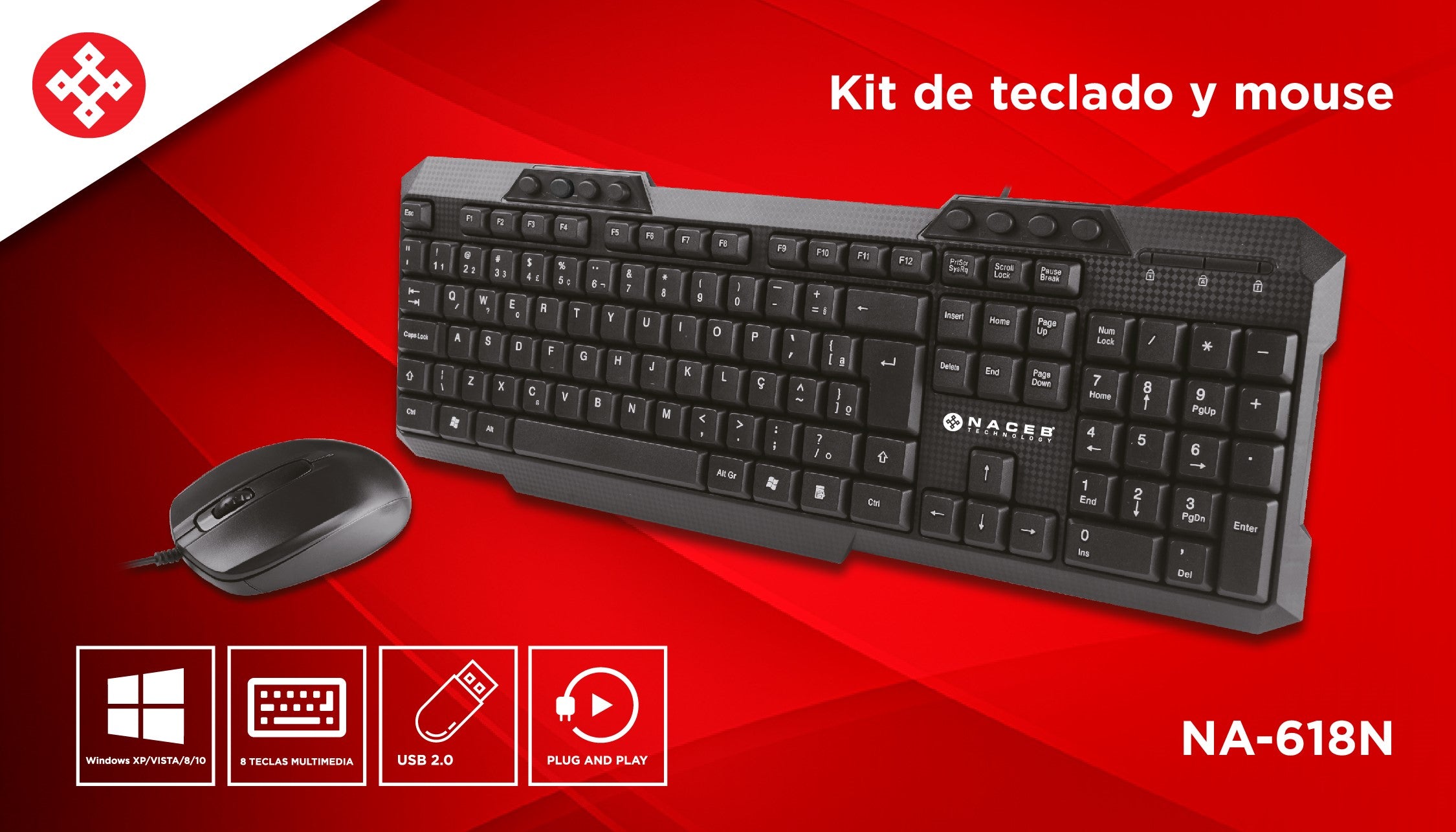 Kit de Teclado y Mouse Naceb NA-618, Alámbrico, USB, Negro (Español)