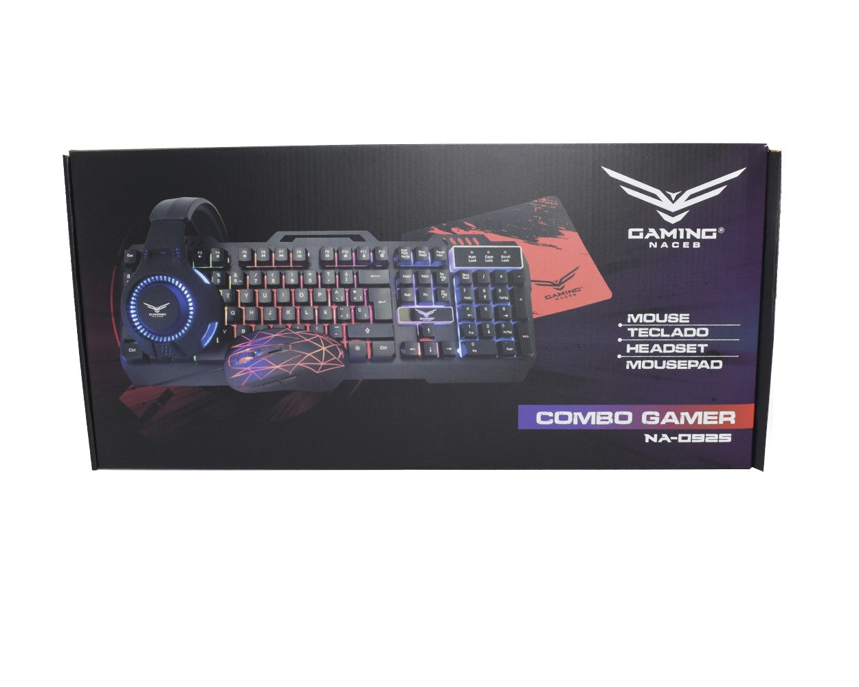 Kit Gamer 4 en 1 Naceb Teclado + Mouse + Audífonos + Mousepad, Alámbrico, USB, Negro/Rojo (Español)