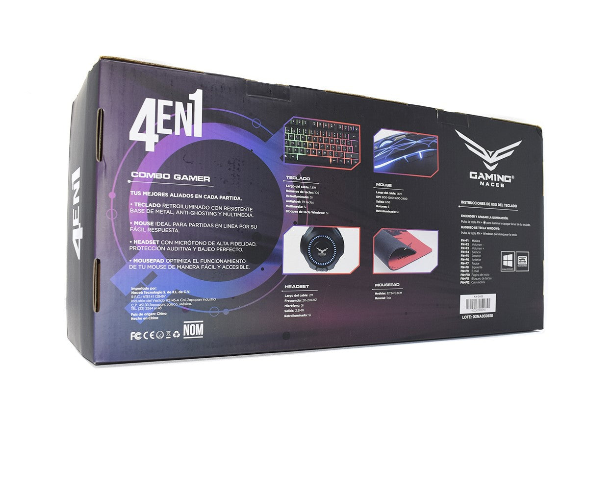 Kit Gamer 4 en 1 Naceb Teclado + Mouse + Audífonos + Mousepad, Alámbrico, USB, Negro/Rojo (Español)