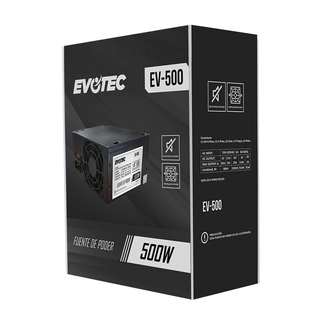 Fuente de Poder Evotec EV-500 ATX, 24-pin ATX, 80mm, 500W